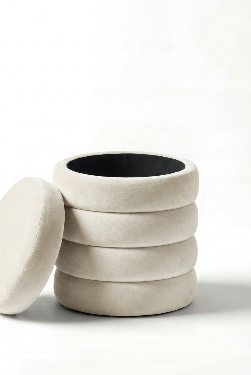 Sevil Off White Velvet Layers Storage Pouf