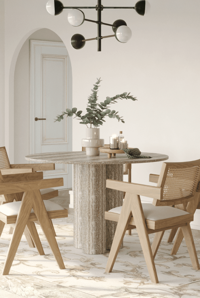 Thalassa Round Grey Travertine Dining Table with Three Legs