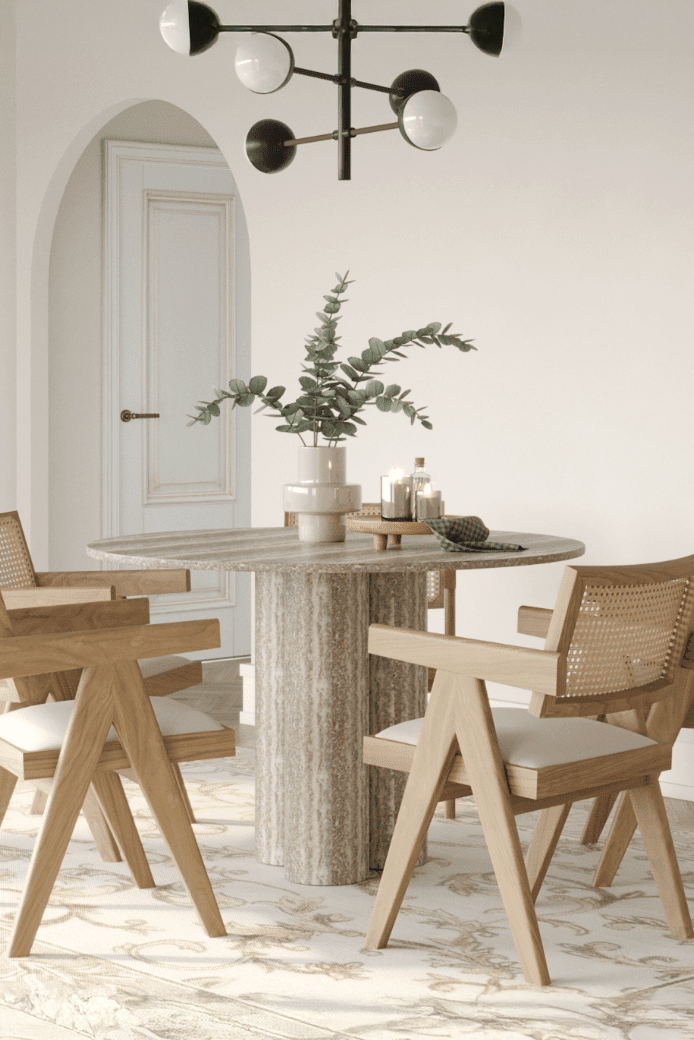 Thalassa Round Grey Travertine Dining Table with Three Legs