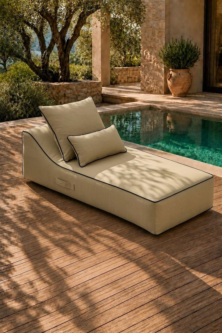 Vezan Beige Outdoor Chaise with Black Piping
