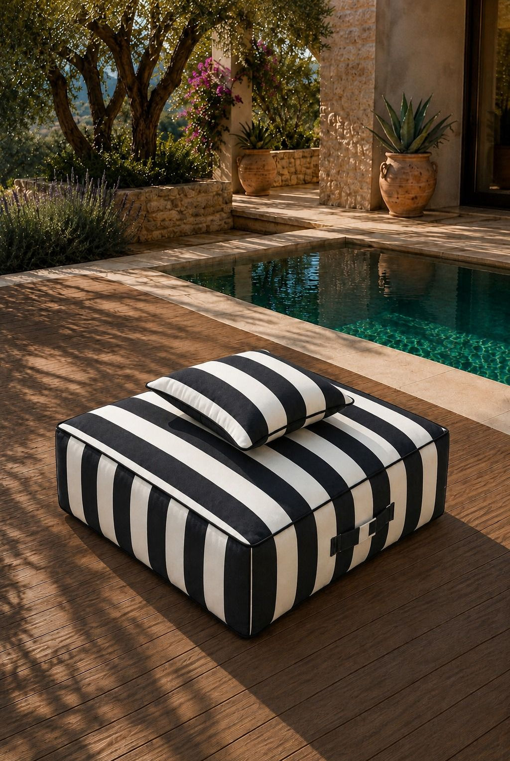 Vezan Black Striped Outdoor Ottoman with Black Piping