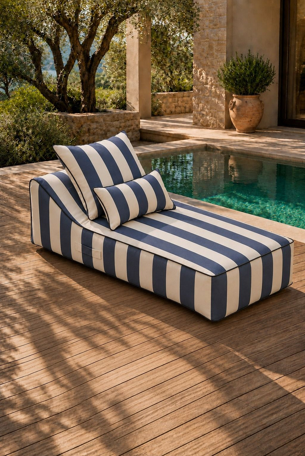 Vezan Blue Striped Outdoor Chaise with Black Piping