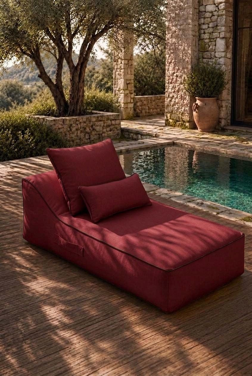 Vezan Burgundy Outdoor Lounger with Black Piping