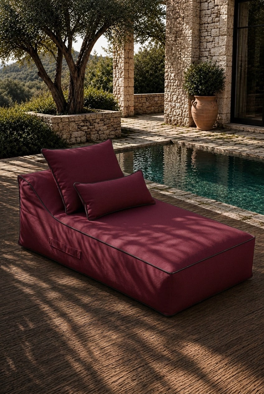 Vezan Burgundy Outdoor Lounger with Black Piping