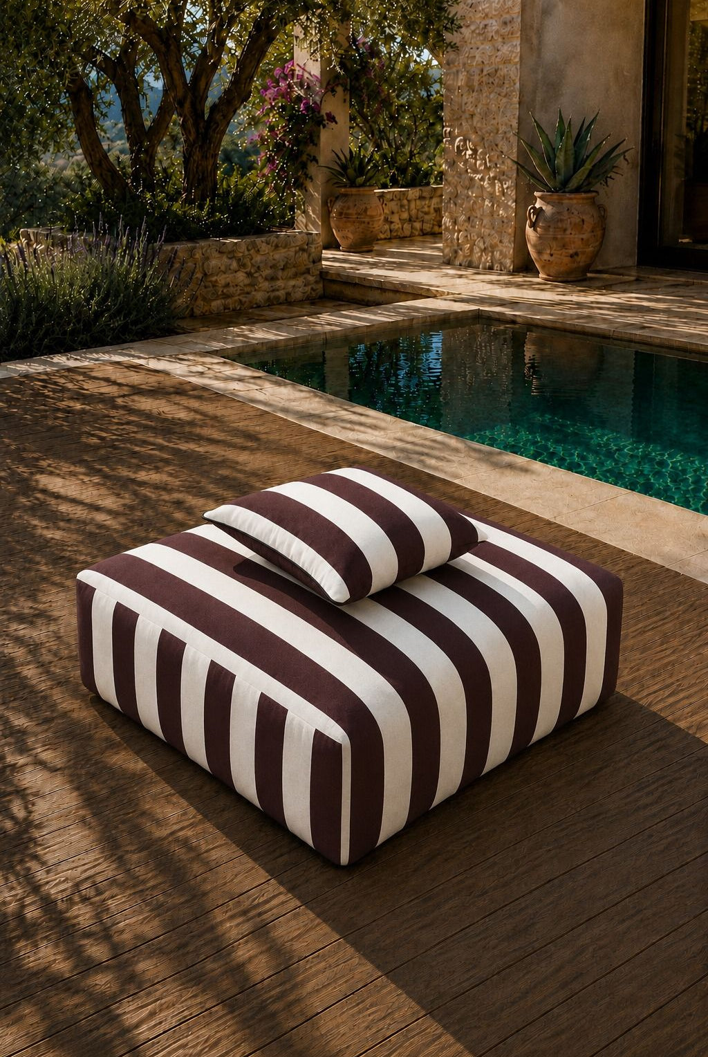 Vezan Burgundy Striped Outdoor Ottoman