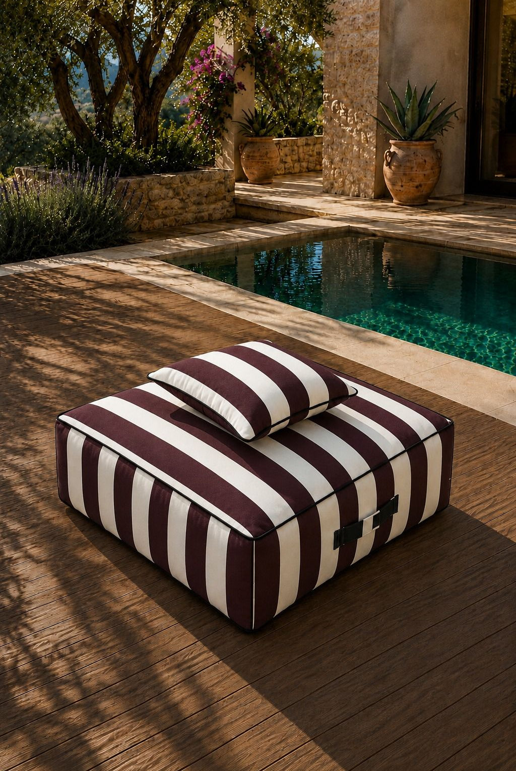 Vezan Burgundy Striped Outdoor Ottoman with Black Piping