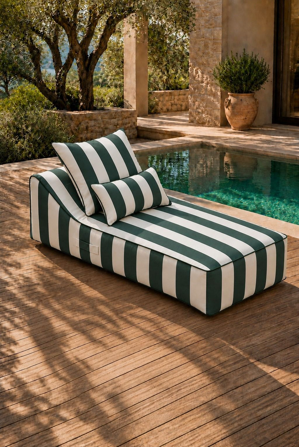 Vezan Green Striped Outdoor Chaise with Black Piping