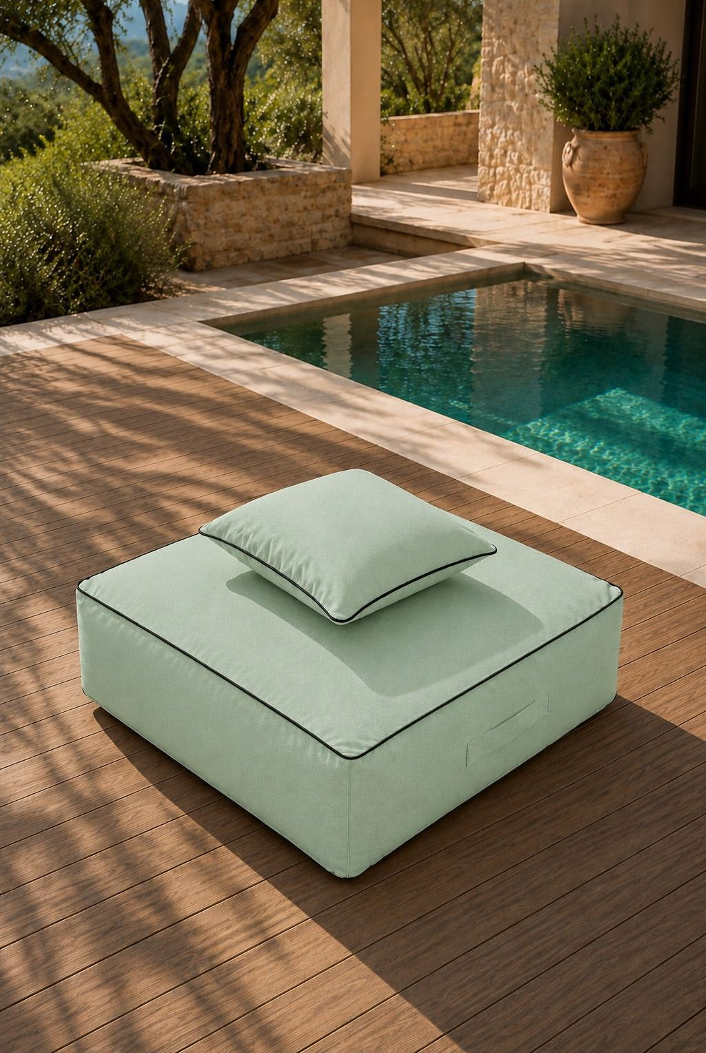 Vezan Mint Green Outdoor Ottoman with Black Piping