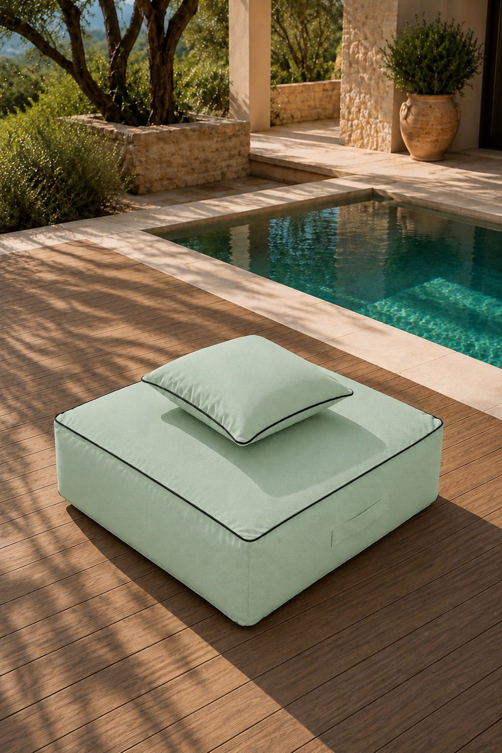 Vezan Mint Green Outdoor Ottoman with Black Piping