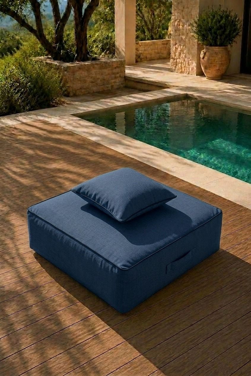 Vezan Navy Blue Outdoor Ottoman with Black Piping