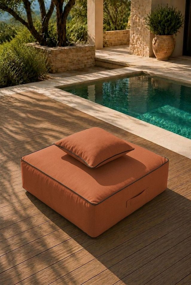Vezan Orange Terracotta Outdoor Ottoman with Black Piping