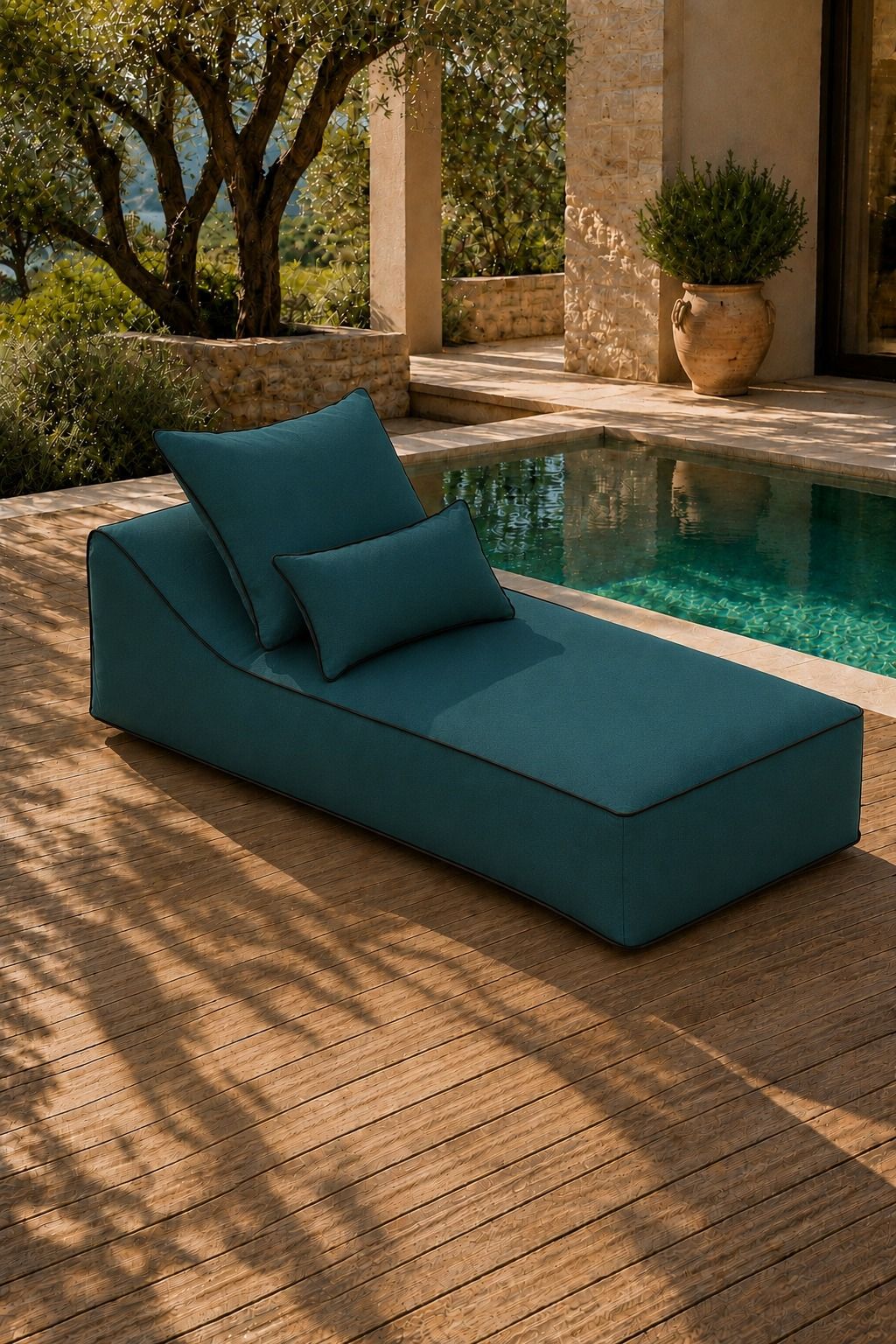Vezan Teal Green Outdoor Chaise with Black Piping