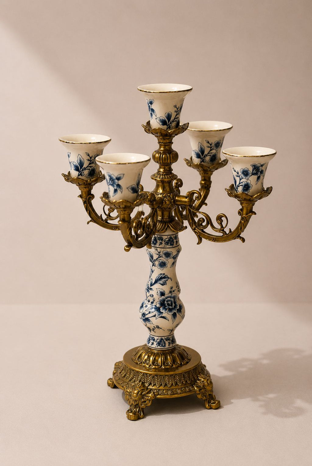 Vezaro Cream Blue Floral Ceramic 5 Arm Candelabra