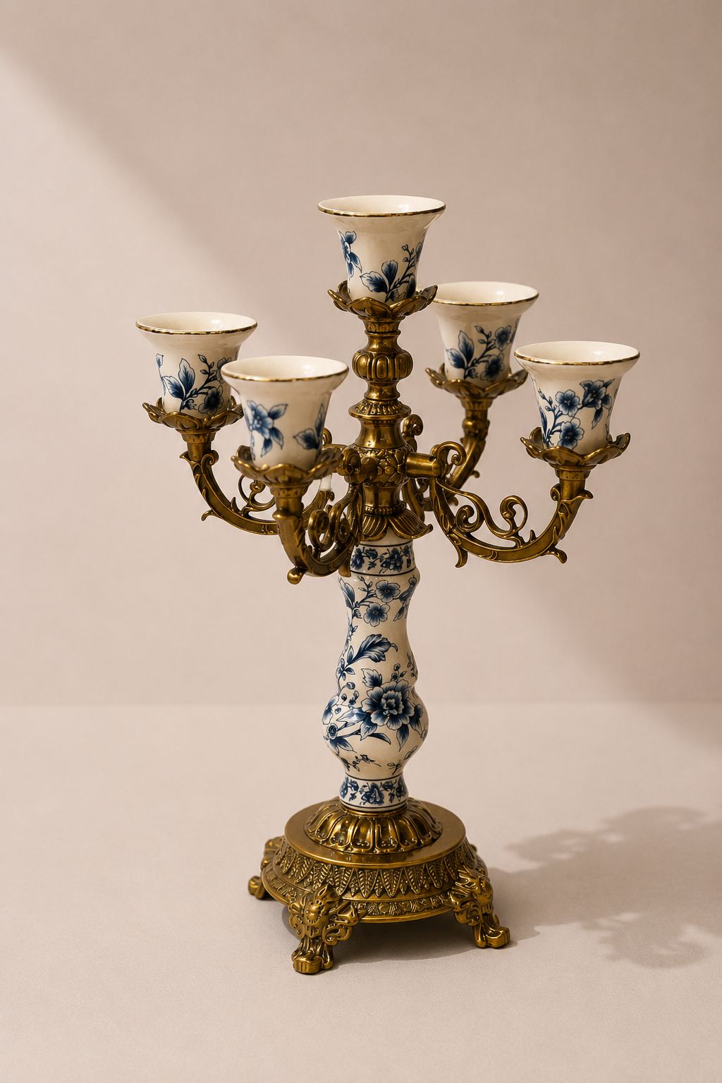 Vezaro Cream Blue Floral Ceramic 5 Arm Candelabra