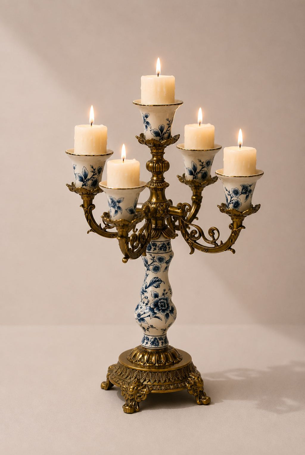 Vezaro Cream Blue Floral Ceramic 5 Arm Candelabra