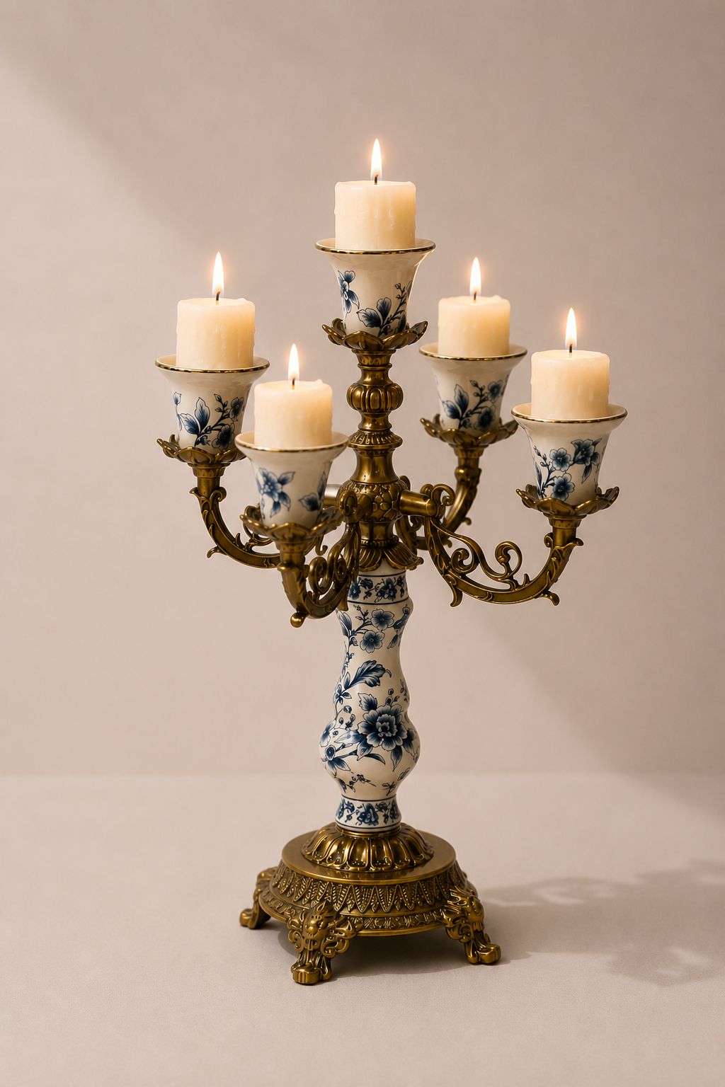 Vezaro Cream Blue Floral Ceramic 5 Arm Candelabra