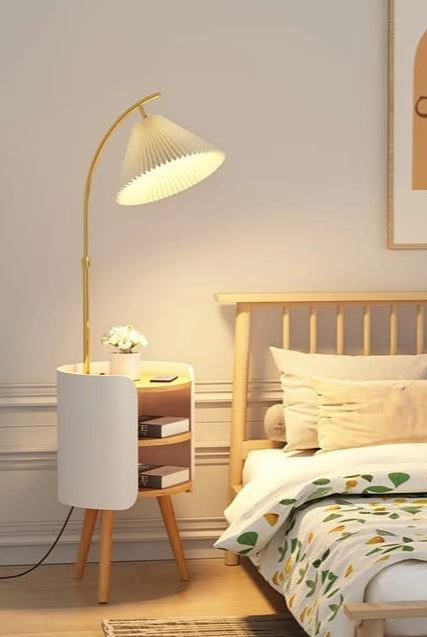 Golden White Floor Lamp with Wooden Side Table