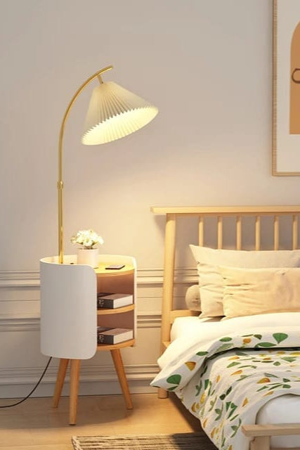 Golden White Floor Lamp with Wooden Side Table