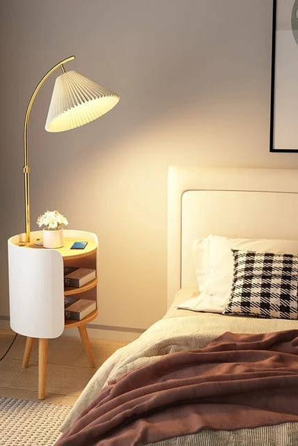 Wood, White, and Gold Floor Lamp With Shelve