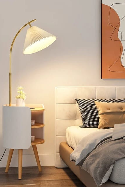 Wood, White, and Gold Floor Lamp With Shelve