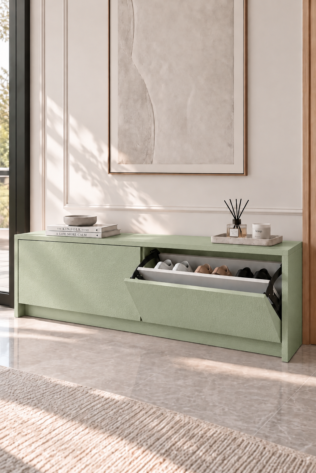 Arqen Green Wooden Shoe Cabinet view 1
