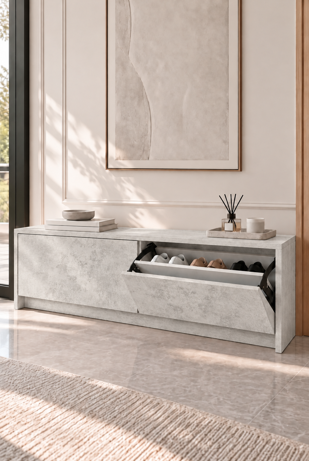 Arqen Mist Grey Wooden Shoe Cabinet view 1