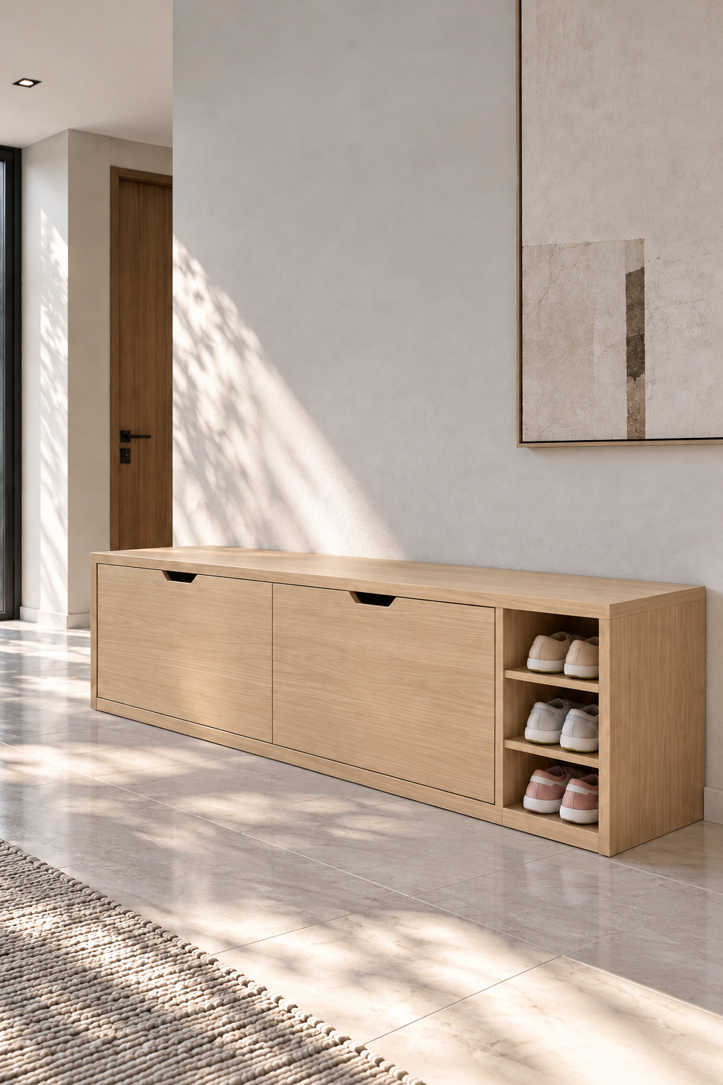 Avelio Barista Oak Wooden Shoe Cabinet with double tilt-out compartments and open side shelves