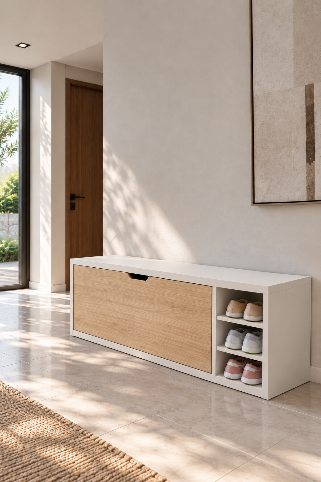 Avelio White and Barista Oak Wooden Shoe Cabinet with a single tilt-out compartment and open side shelves