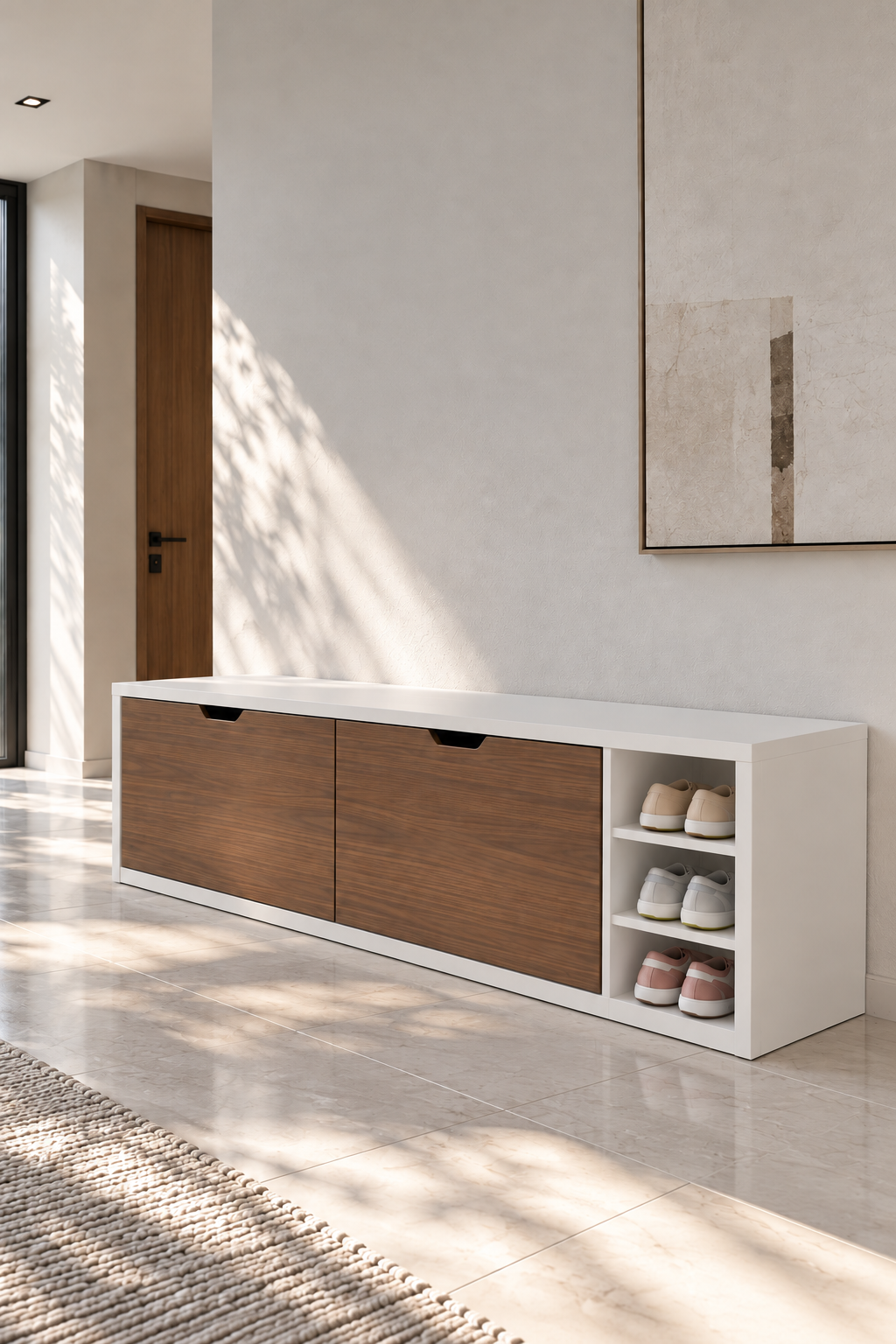 Avelio White and Walnut Wooden Shoe Cabinet with double tilt-out compartments and open side shelves