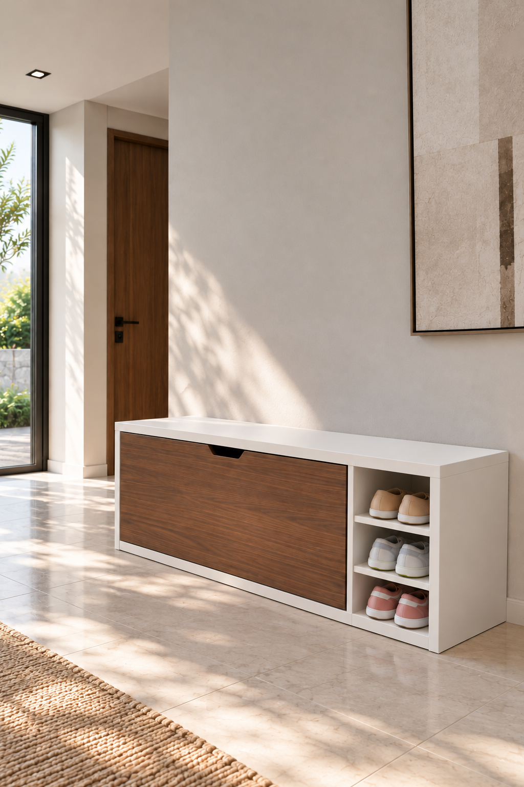 Avelio White and Walnut Wooden Shoe Cabinet with a single tilt-out compartment and open side shelves