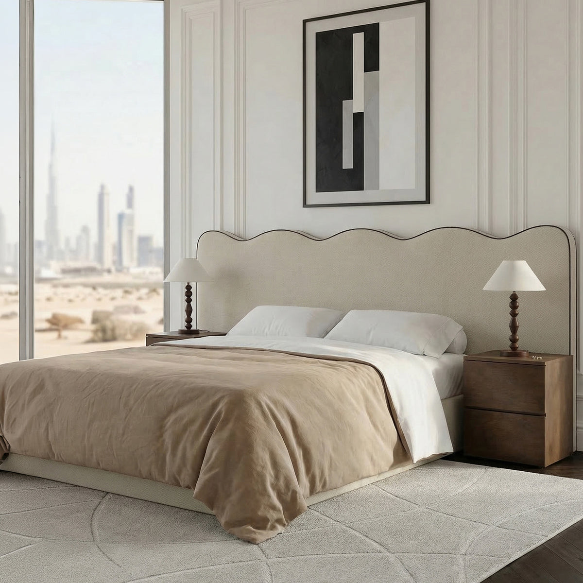 Zelina Beige Curved Headboard Upholstered Bed with Black Trim – Homekode