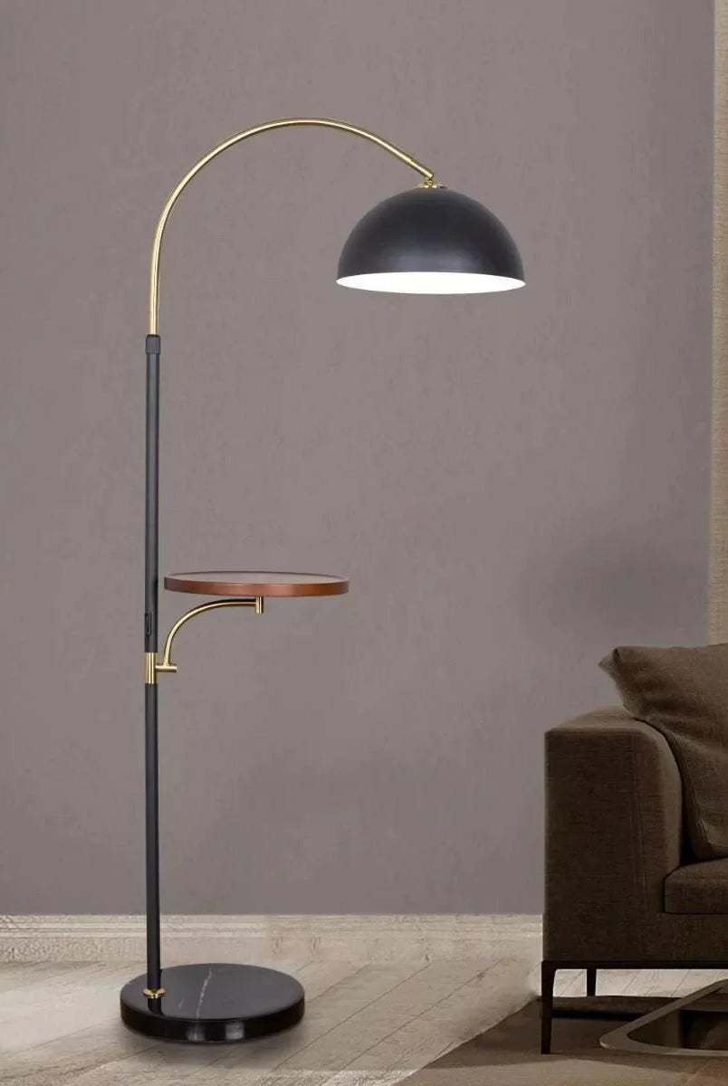 Black and Gold Arched Floor Lamp With Shelf