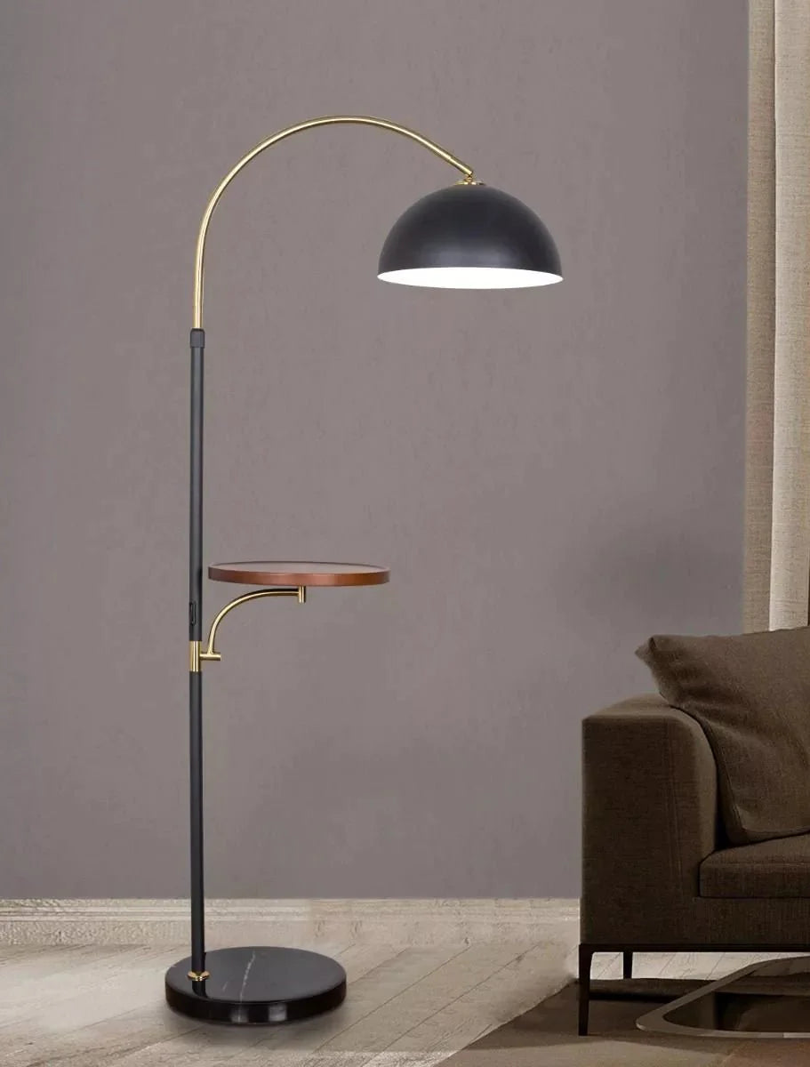 Black and Gold Arched Floor Lamp With Shelf
