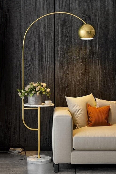 Gold Arched Floor Lamp With Side Table