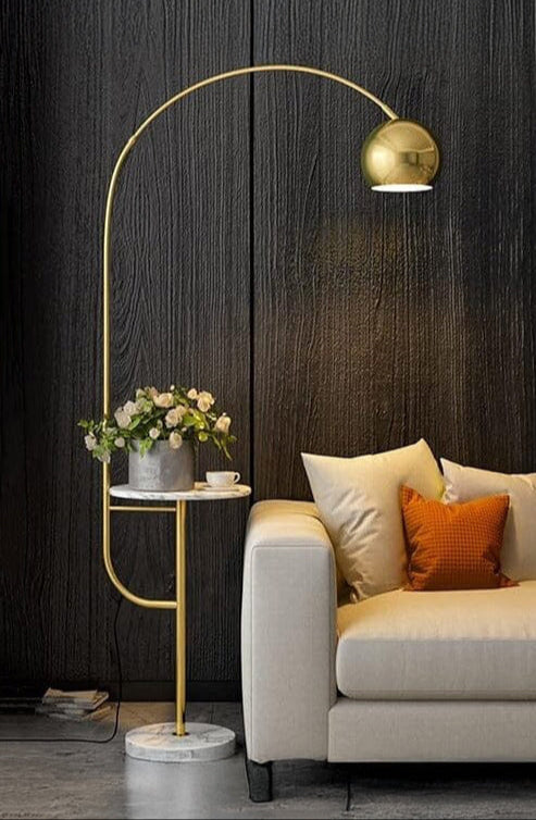 Gold Arched Floor Lamp With Side Table