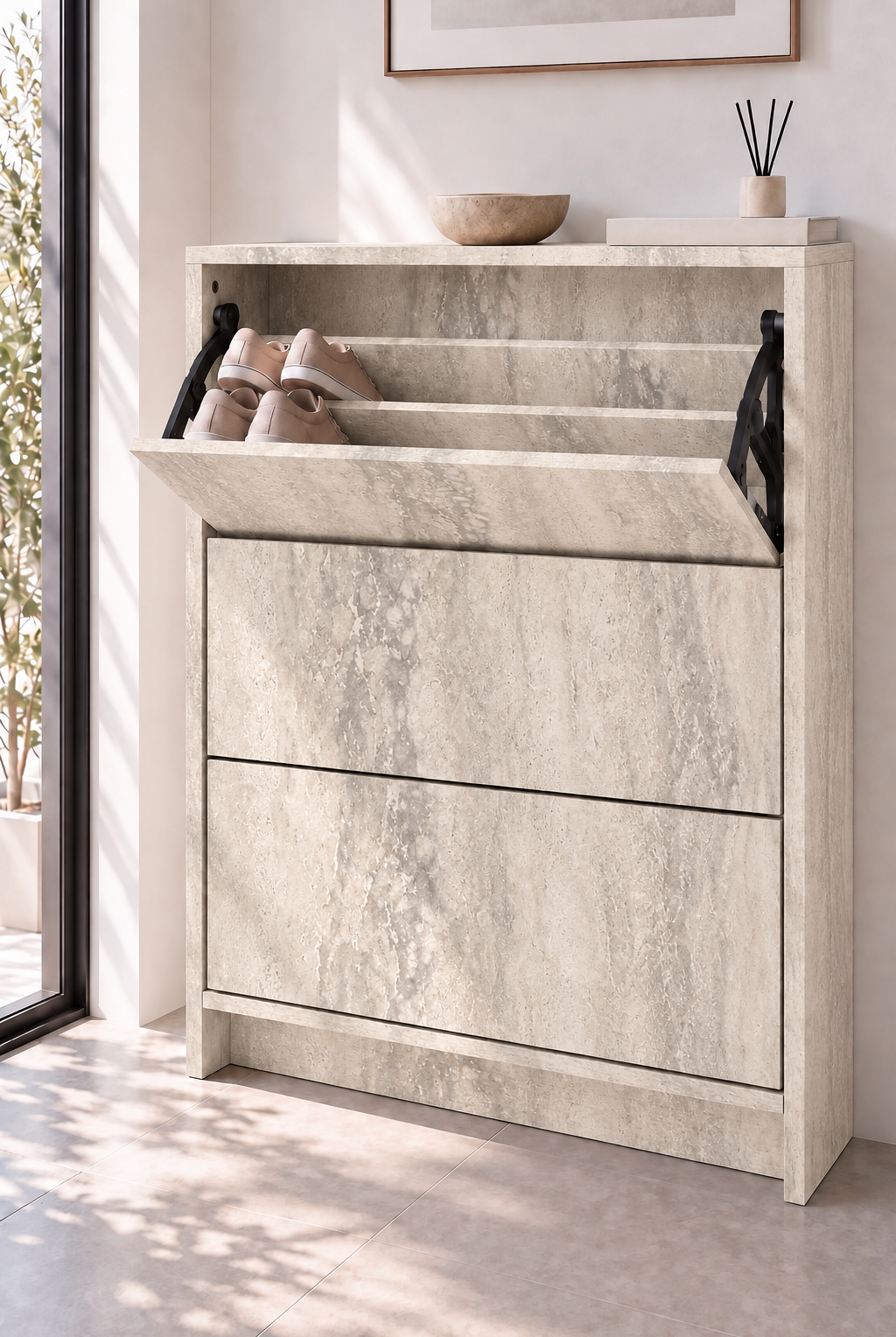 Orelvane Warm Greige Wooden Shoe Cabinet view 1