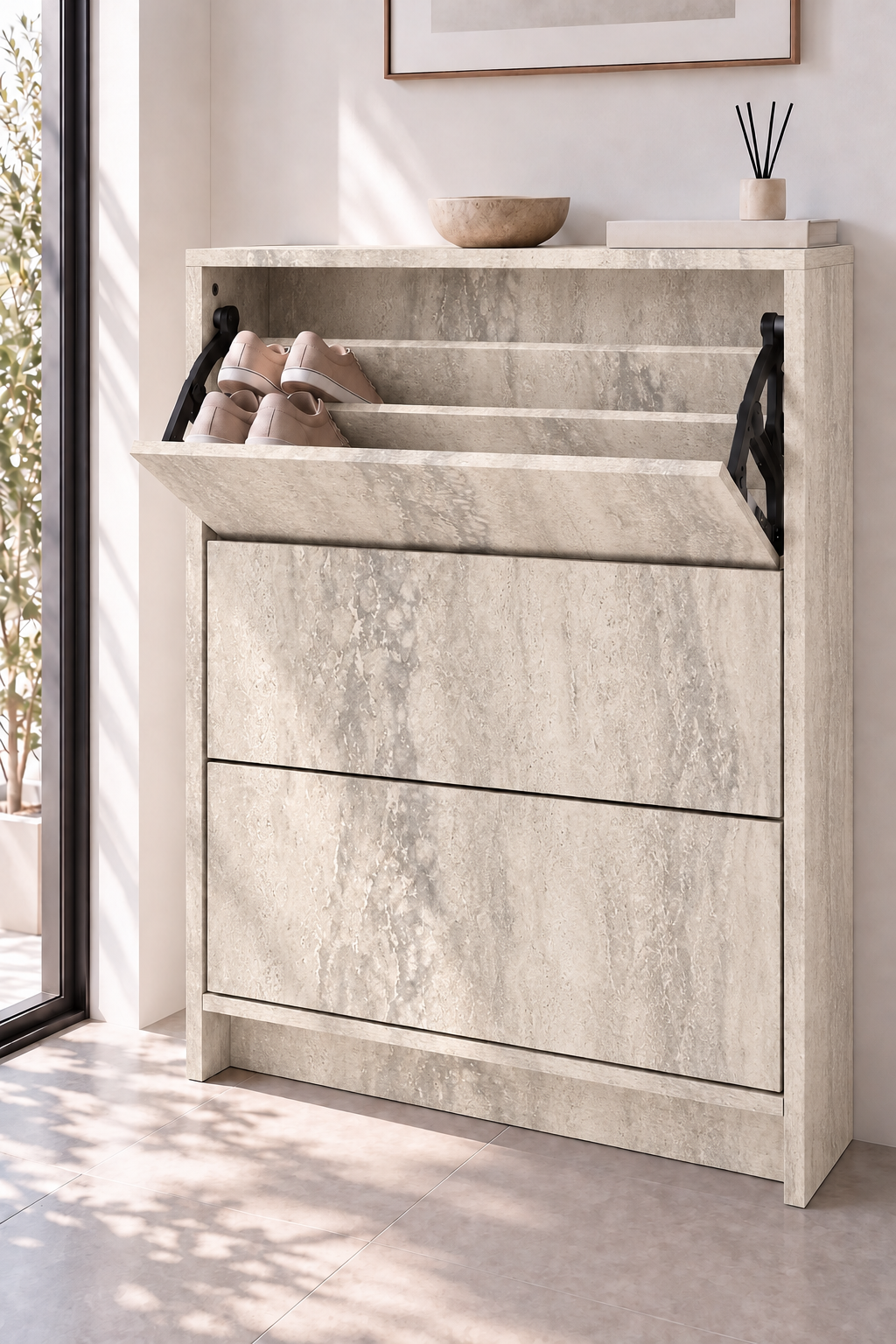 Orelvane Warm Greige Wooden Shoe Cabinet view 1