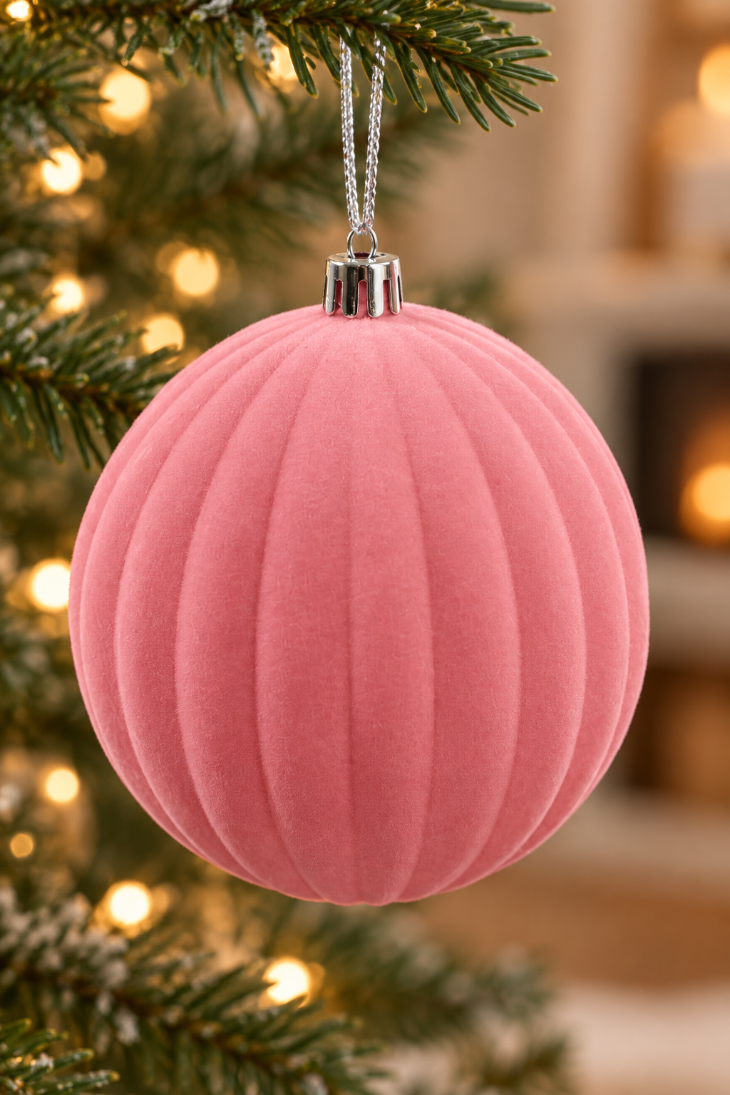 Pink ribbed velvet Christmas ball with a silver hanging cap, supplied in a box of six