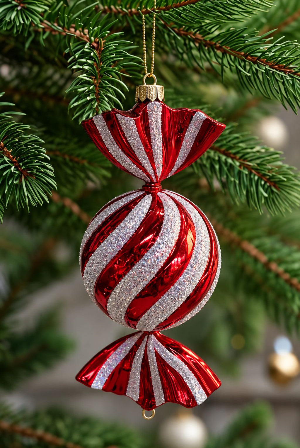 Red and silver spiral glitter Christmas candy ornament, sold individually