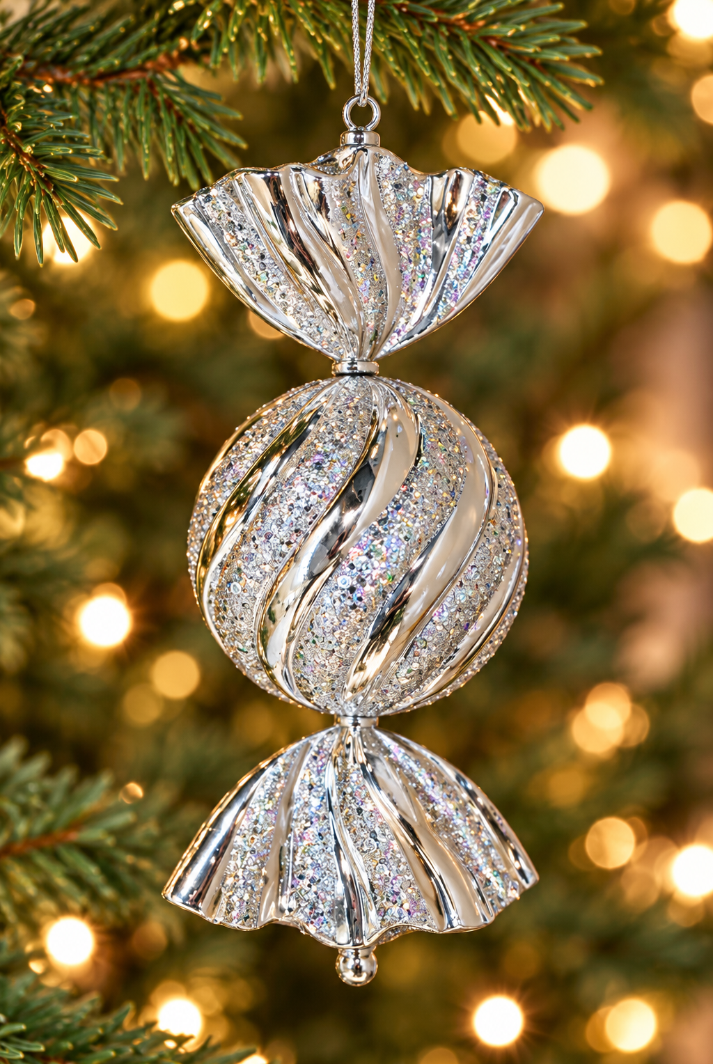 Silver glitter candy-shaped Christmas ornament with fluted wrapper ends