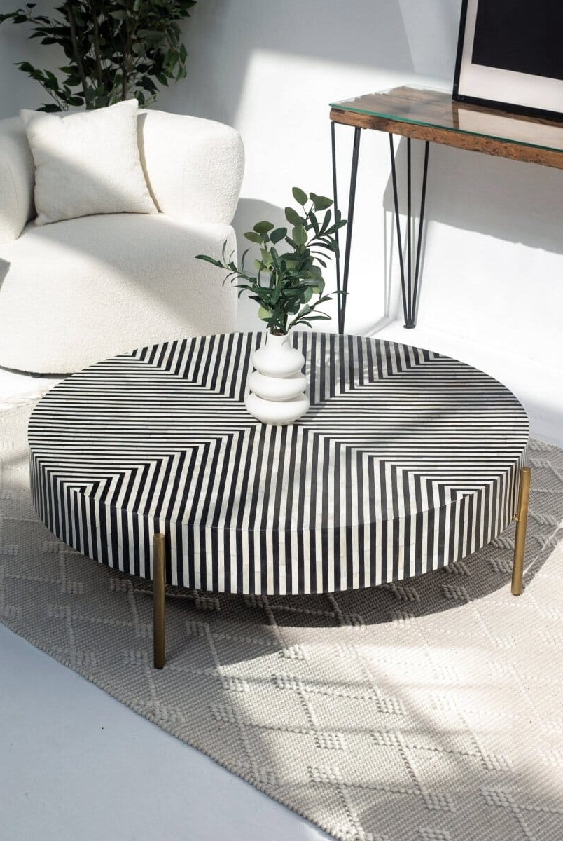 Bone Inlay Round Modern Striped Pattern Handmade Coffee Table (2 Size) Coffee Tables