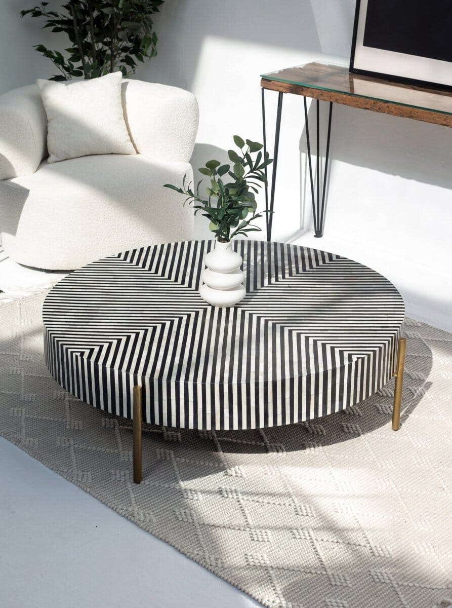 Bone Inlay Round Modern Striped Pattern Handmade Coffee Table (2 Size) Coffee Tables