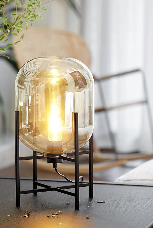 Round Glass Table Lamp with Black Legs