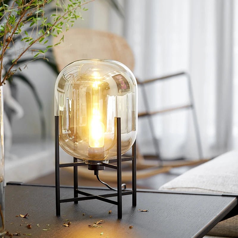 Round Glass Table Lamp with Black Legs