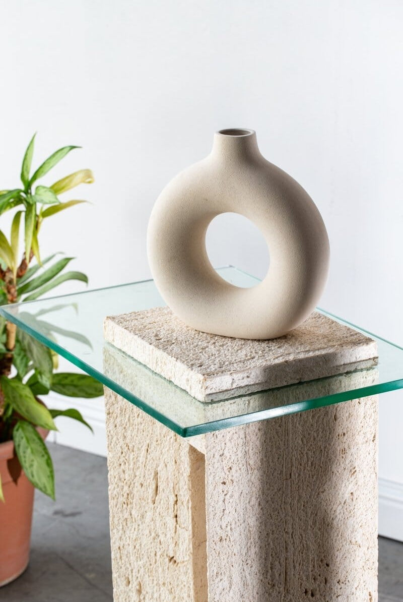 Sadie Minimalist Travertine Plinth with Glass Top Homekode