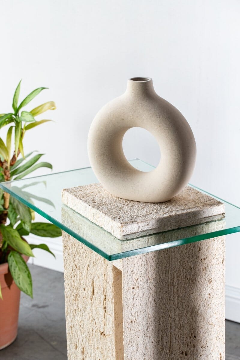 Sadie Minimalist Travertine Plinth with Glass Top Homekode