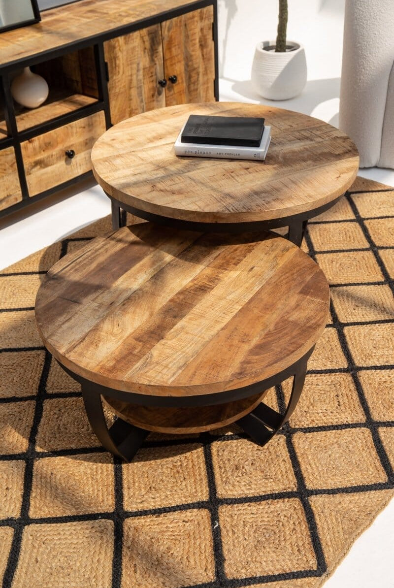 Denver Round Industrial Wooden Nesting Coffee Table Set Homekode
