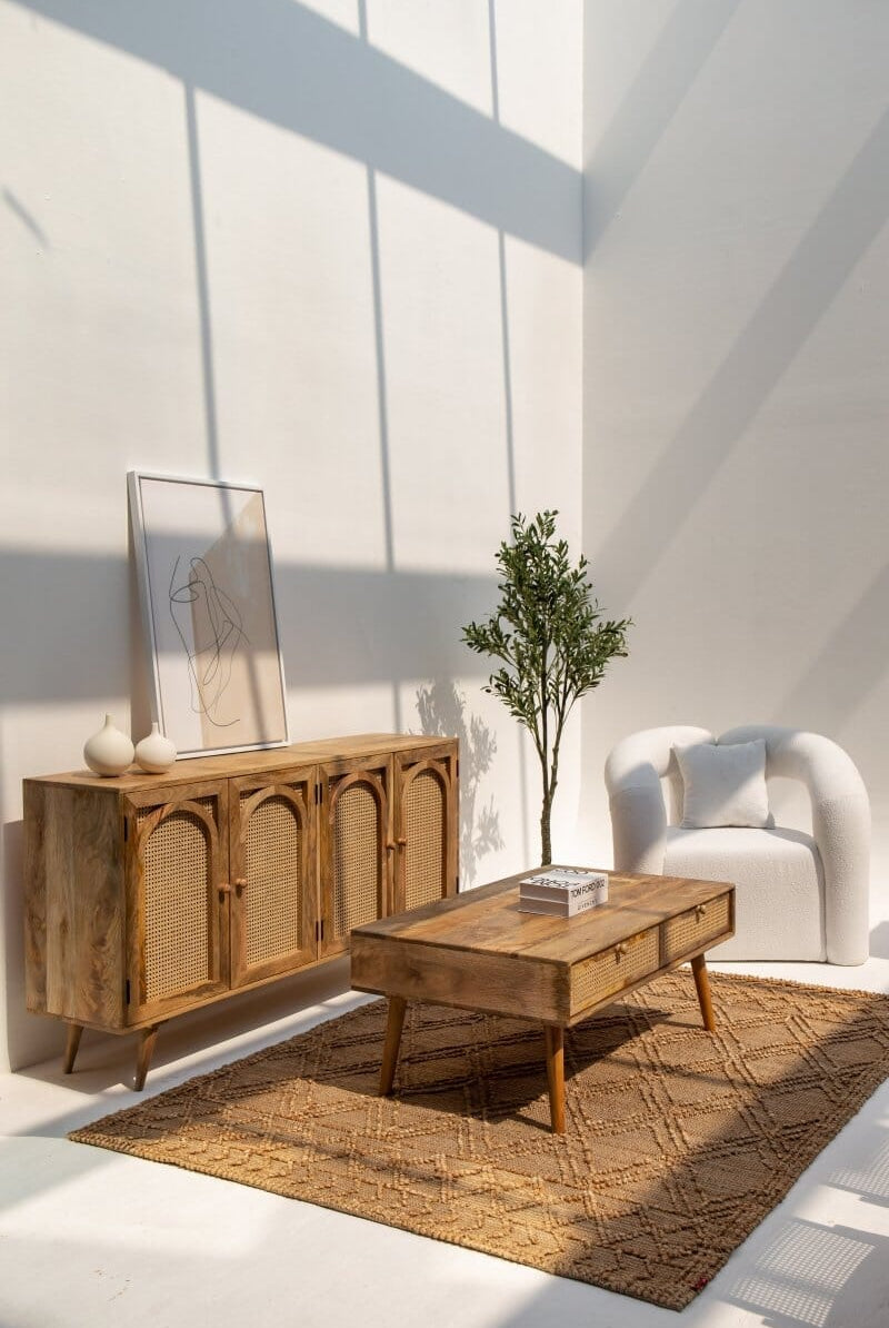 Lily Rattan Drawers Wooden Coffee Table Homekode