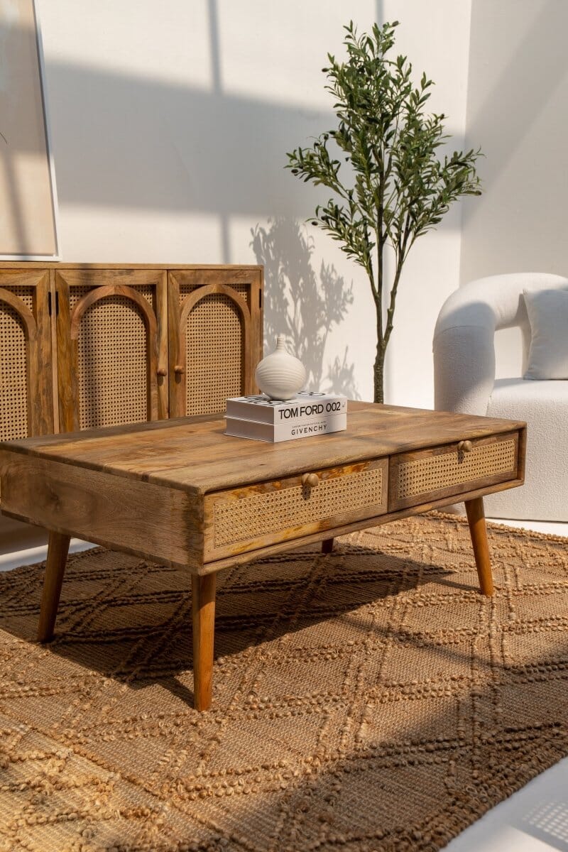 Lily Rattan Drawers Wooden Coffee Table Homekode