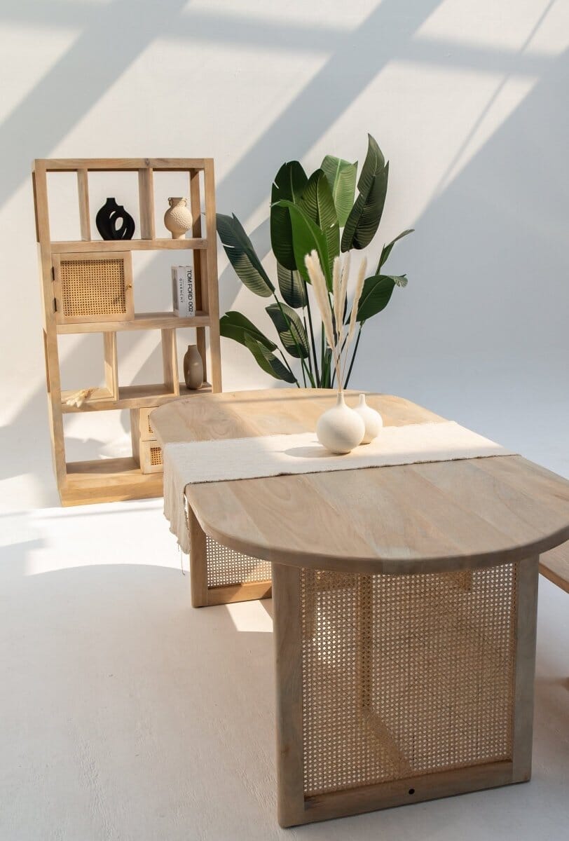 Ariana Wooden Dining Table with Rattan Legs Homekode